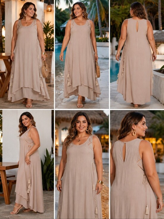 Lunik Dresses & Skirts - LUNIK Boho Embroidered High Low Maxi Dress Large Beige Blush Rayon Tassel Fiesta
